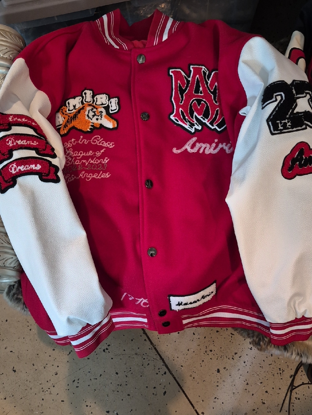 AMIRI Red and White Varsity-Style Embroidered Jacket